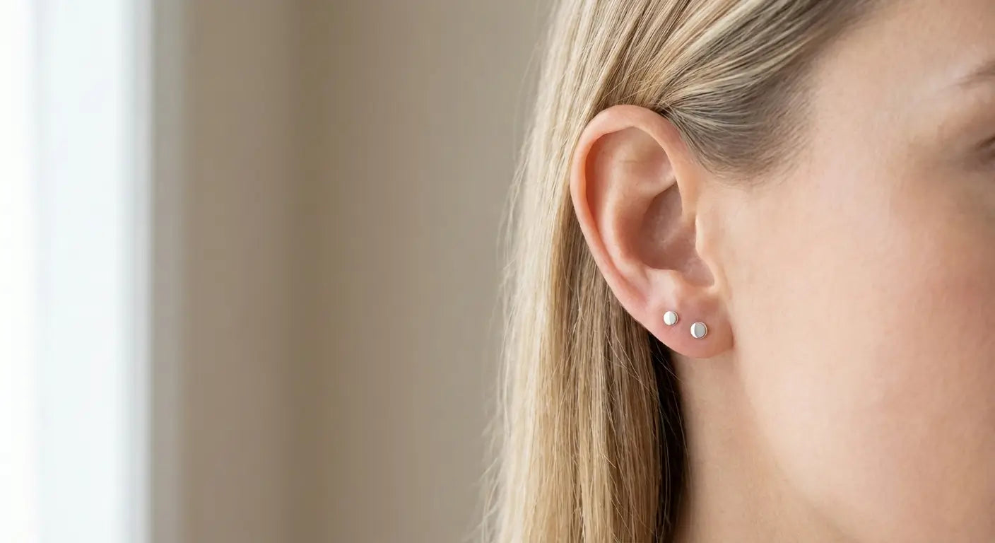 つけっぱなしピアスを着けた女性の耳元のクローズアップ - シンプルなシルバースタッドピアス