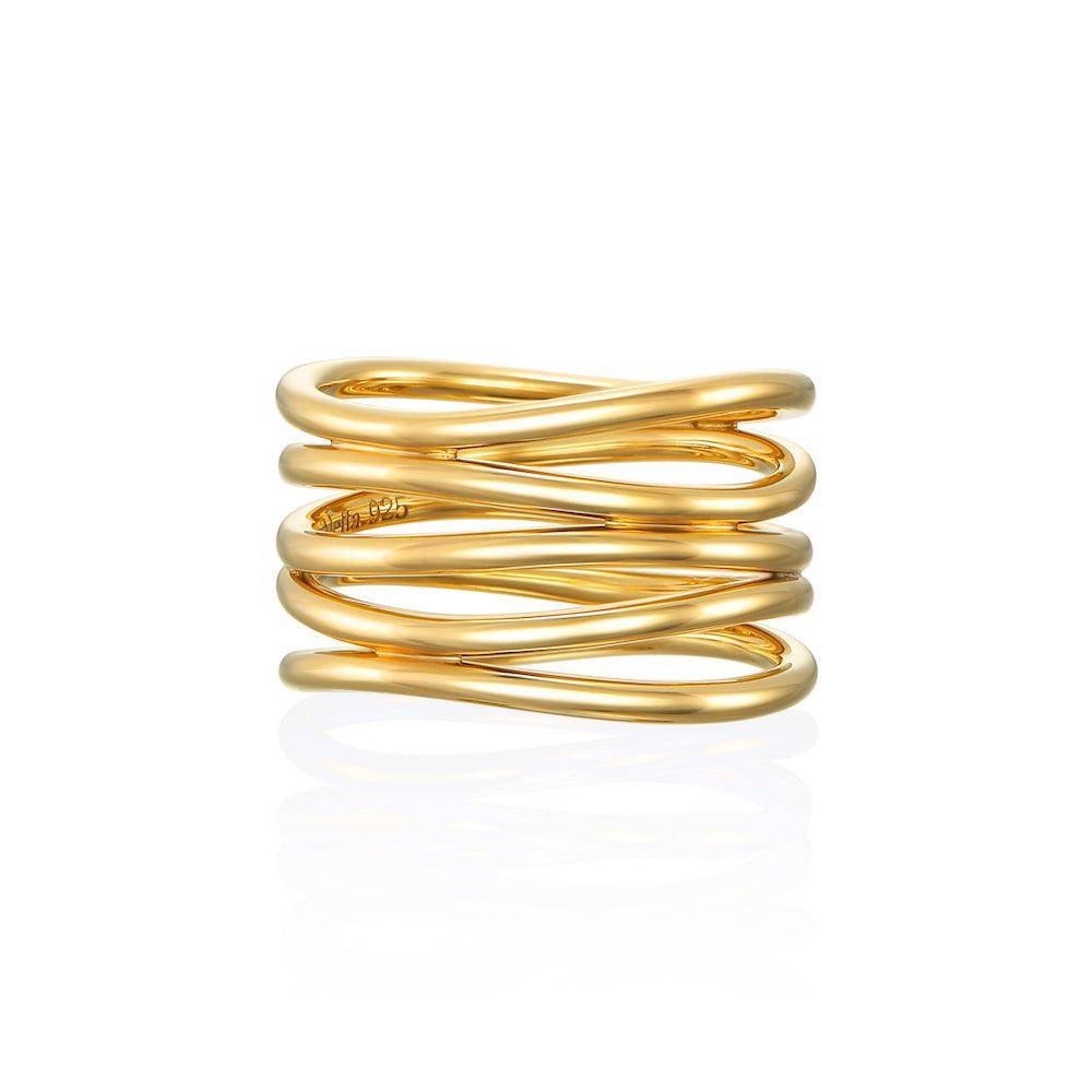 5ロウウェーブリング ゴールド 正面 | 複雑に絡み合うラインが美しいスターリングシルバーと18Kコーティングリング